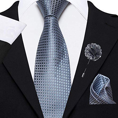 AXLONMen's Micro Polyester Necktie Set with Pocket Square and Brooch Pin (Grey , Free Size)