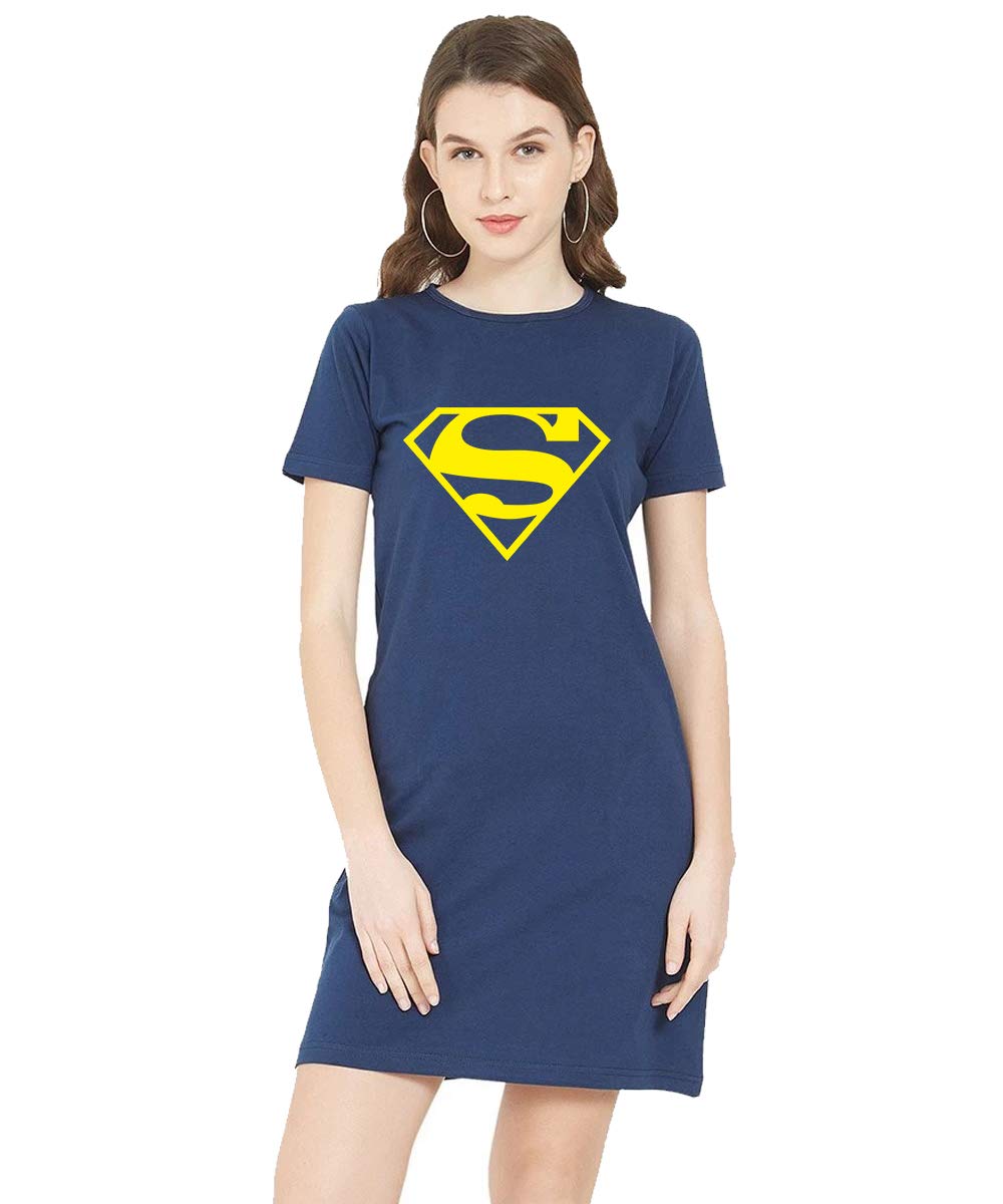 Caseria Women's Round Neck Cotton T-Shirt Dress with Printed Graphics and Side Pockets - Sup.Man Pattern