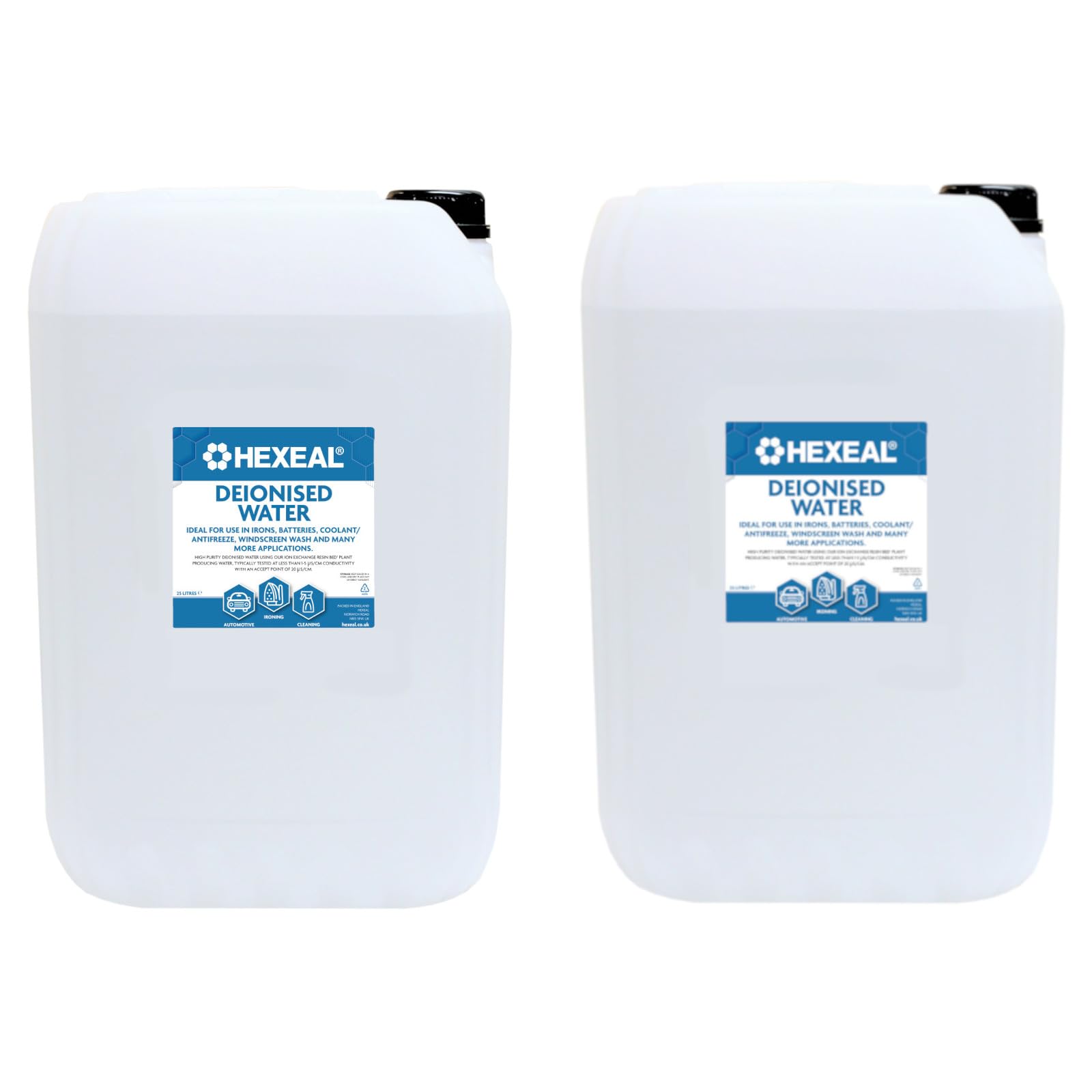 Hexeal Deionised Water 50L – 2 x 25L of Deionised Water for Steam Irons, Car Batteries, Windscreen Fluid & Antifreeze – Demineralised Water, Reduces Limescale Deposits & Water Stains – For Lab Use