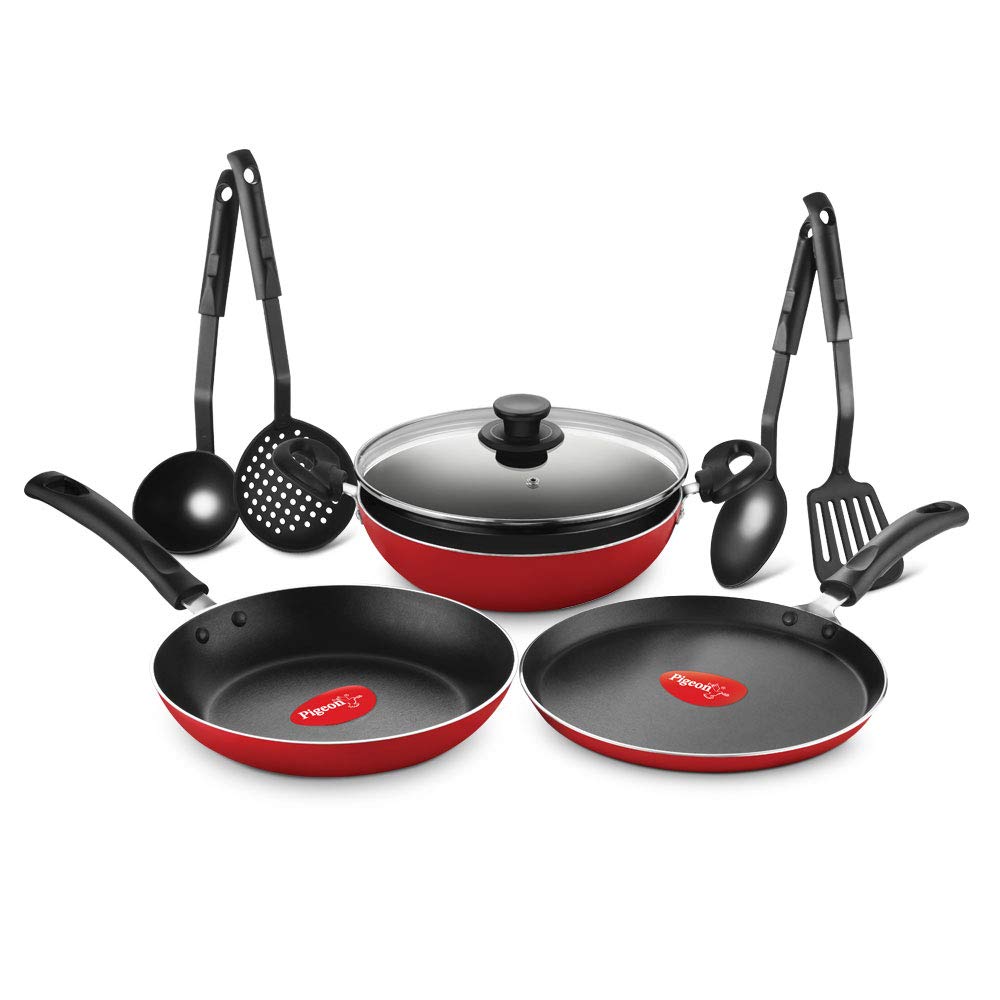 Pigeon by Stovekraft Mio Nonstick Aluminium Cookware Gift Set, Includes Nonstick Flat Tawa, Nonstick Fry Pan, Kitchen Tool Set, Kadai with Glass Lid, 8 Pieces Non-Induction Base Kitchen Set - Red