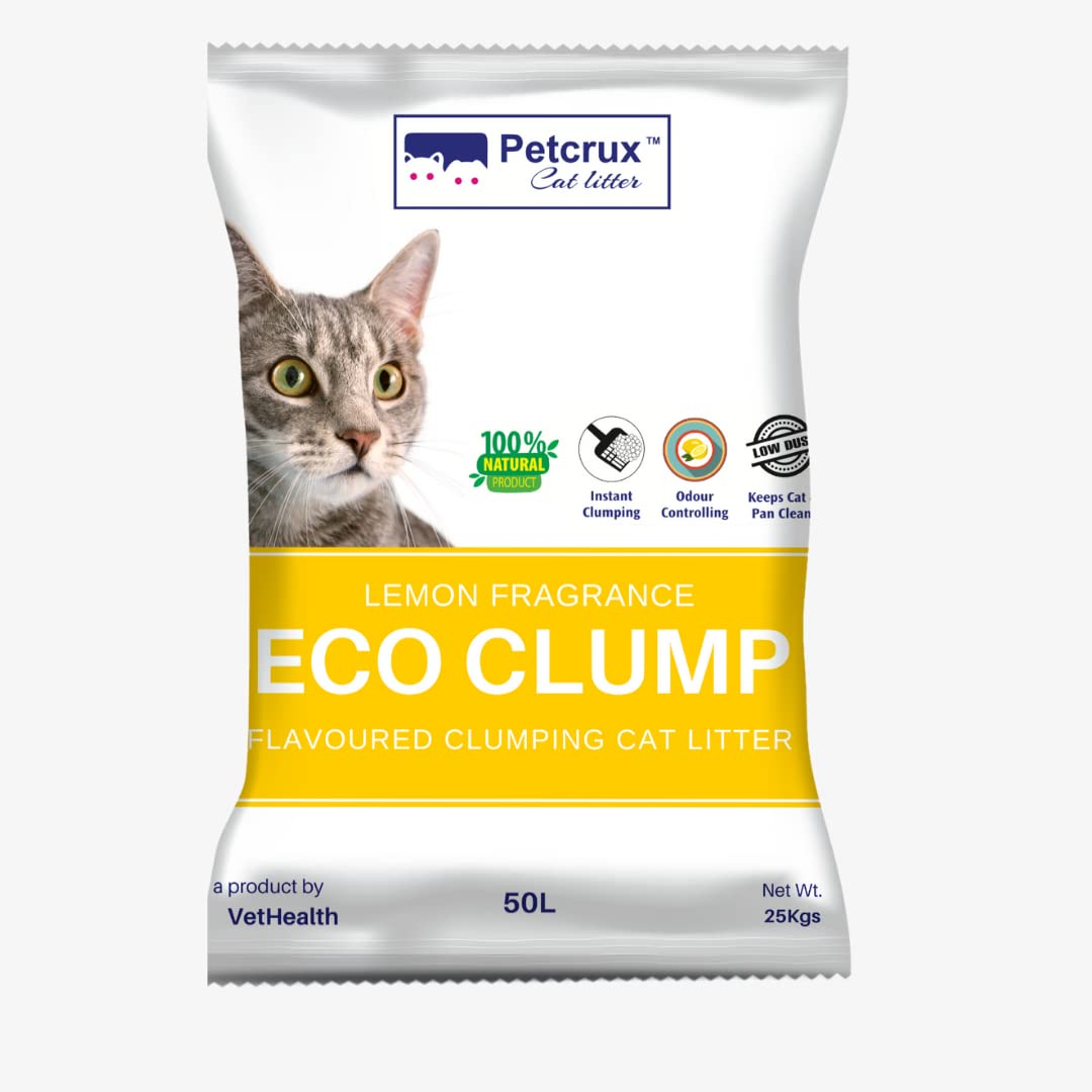 PetCrux Eco Clump Cat Litter | Natural Bentonite Clay | Lemon Scented | Superior Odour Control | 99.9% Dust Free Scoopable (for Multiple Cats), 50L, Equivalent to 25 Kg