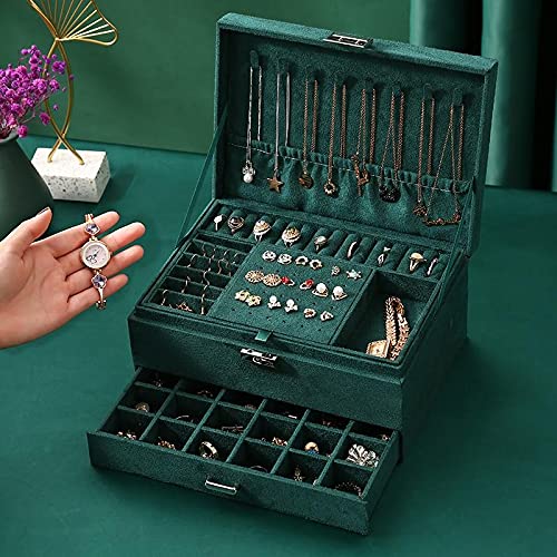 CitaazCitaaz Large Green 3layers Velvet Jewelry Box, Fashion Fannel Jewelry Organizer with Safety Lock for Earring Necklace Makeup