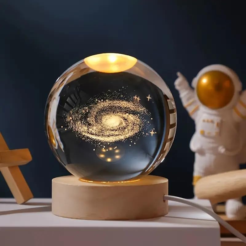 VOXI 3D Galaxy Crystal Ball Night Light | Dimmable Engraved LED Glass Ball Table Lamp with USB and Wooden Base for Home Decor, Office, Birthday Gift & Kids Bedroom (Galaxy)