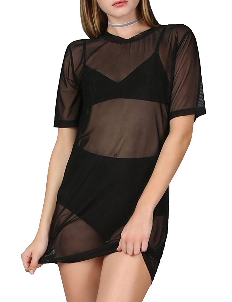 WuLun® Women's Sexy Beach Cover Ups Short Sleeve See Through Gauze Sheer Mesh T-Shirt Dress