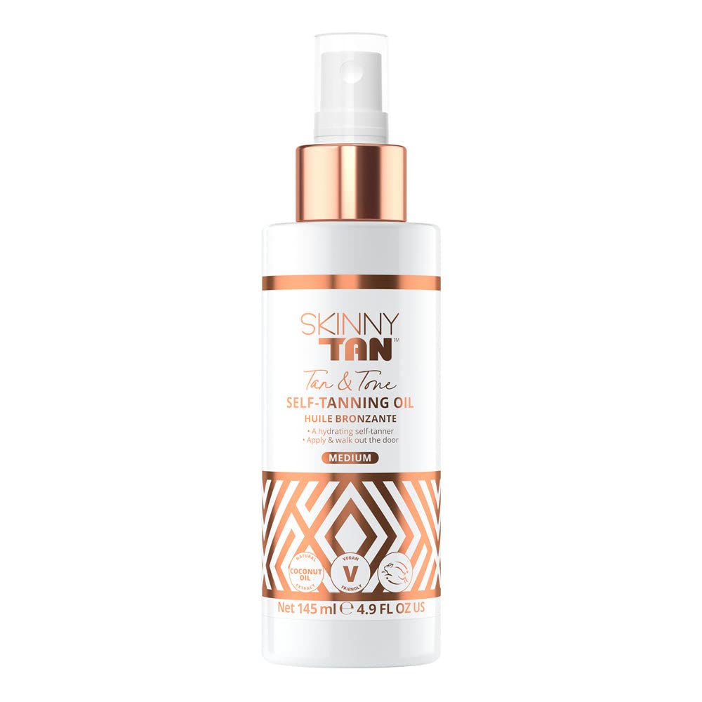 Skinny TanTan & Tone Self Tan Oil - Streak Free Natural Looking Fake Tan with Coconut Oil, Enriched with Guarana Extract to Tone & Firm Skin, Cruelty-Free & Vegan - Medium, 145ml