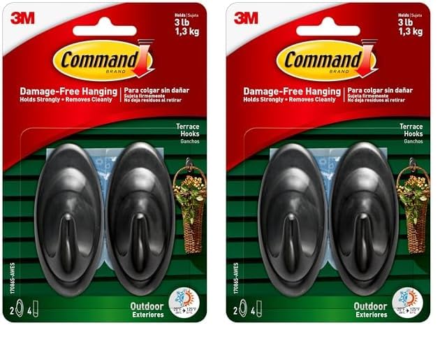 Command Outdoor Medium Terrace Hooks, Black, 3 lb Capacity, Water-Resistant Strips, 2-Hooks, 4-Strips, Decorate Damage-Free (Pack of 2)