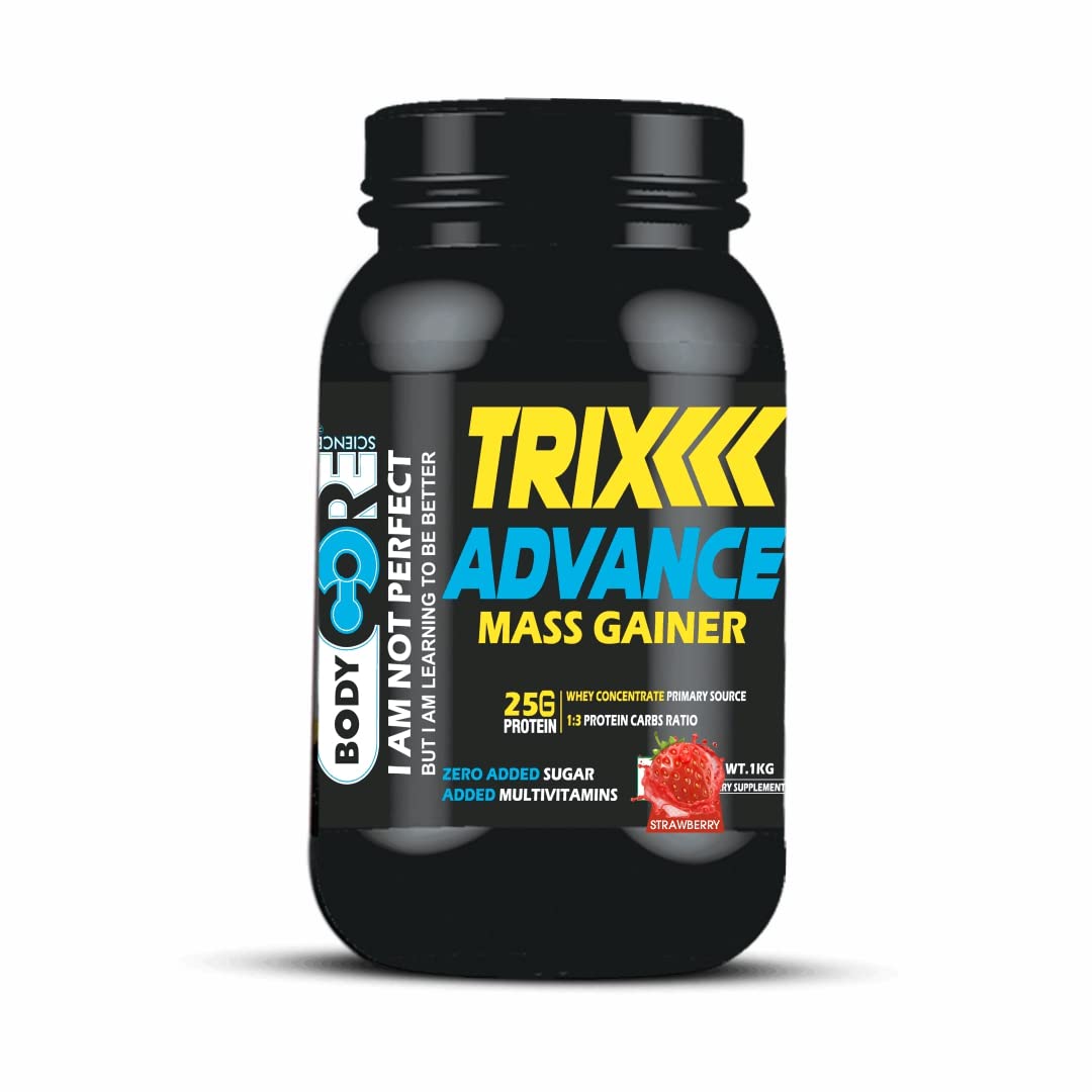 Body Core Science Trix Advance Mass Gainer-1Kg | Weight Gainer | Mass Gainer (Strawberry, PO1)