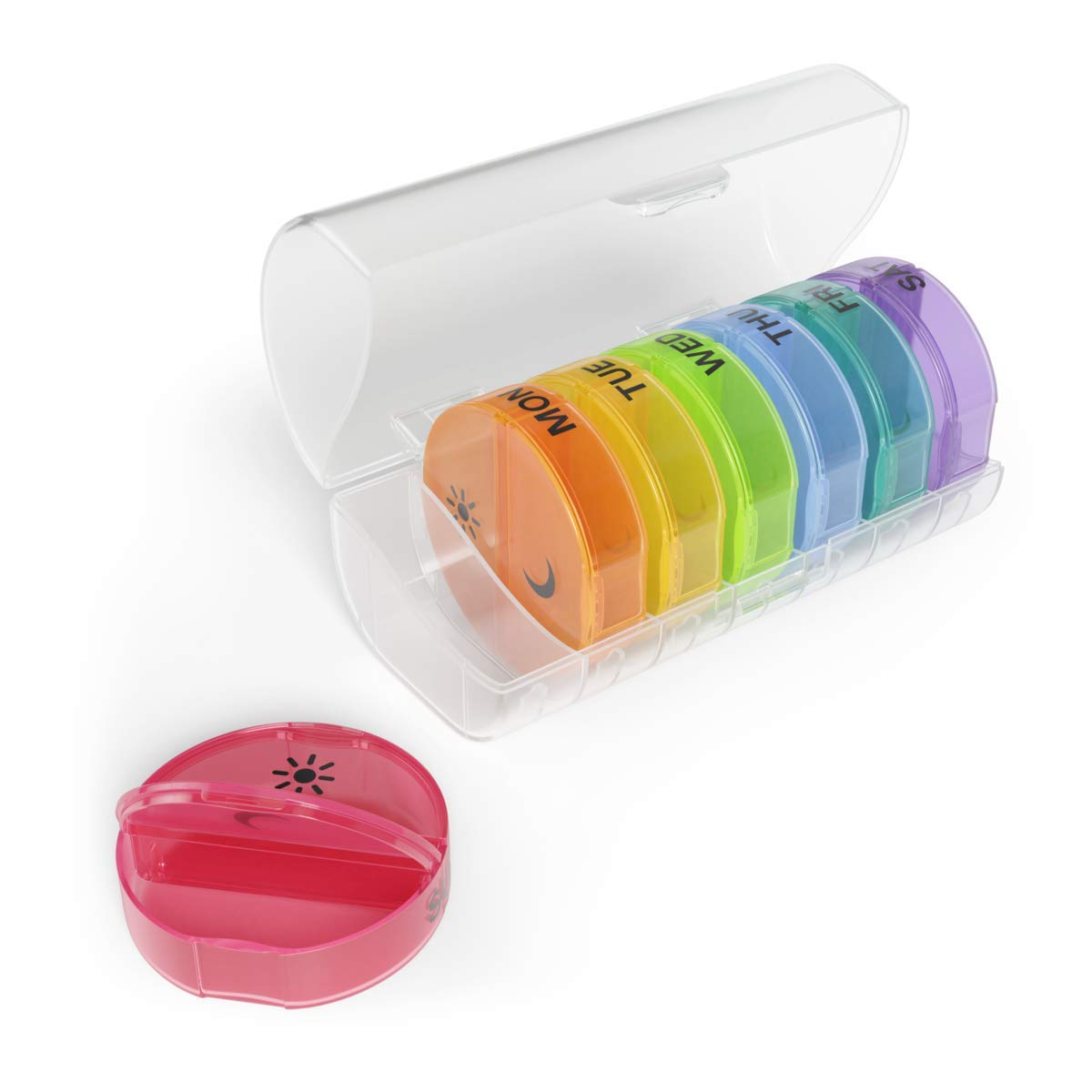 EZY DOSEWeekly (7-Day) Pill Case, Medicine Planner, Vitamin Organiser Box, Convenient and Easy to Use, X-Large Pop-Out Compartments, 2 Times a Day, Rainbow Lids with Case, BPA Free