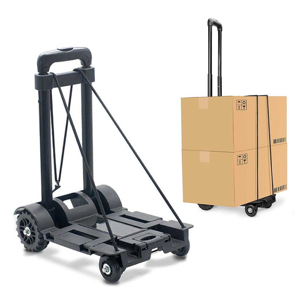 TOMVAESFolding Hand Truck, Black Iron Tube Pull Rod Cart, Portable 4 Rubber Wheels Trolley, Lightweight Expandable Luggage Cart, Express Shopping Travelling Moving Office Home Essential Trolly