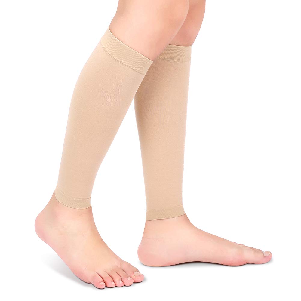 20-30mmHg Graduated Calf Compression Sleeves for Women and Men, Aviation Socks Without Feet for Varicose Veins, Leg Support, Tibial Splint, Swelling of the Calf Muscle (XXL-Beige)