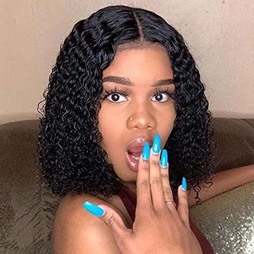 Short Bob Wigs Curly Lace Front Human Hair Wigs For Black Women Deep Wave Wigs 100% Human Hair Natural Color 180% Density (13*5*1 T Part Lace Front Wig) 10-inch