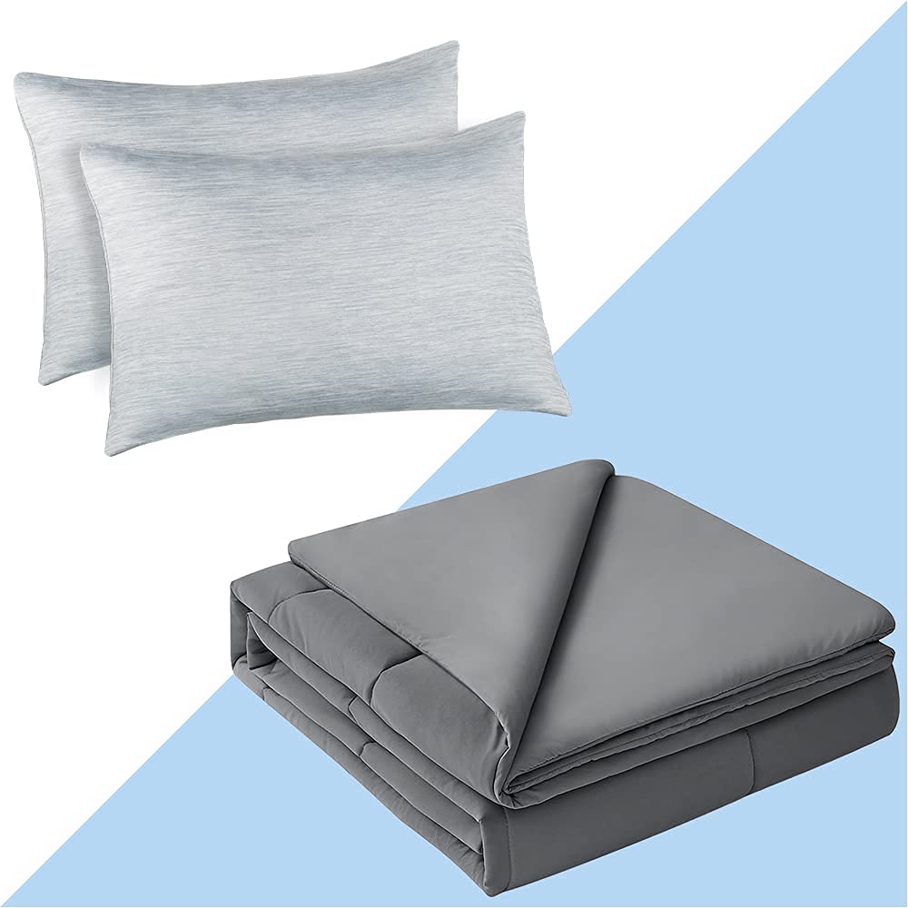 Elegear Cooling Pillow Cases 20" x 30" Gray and Cooling Comforter 79" x 86" Gray Bundle