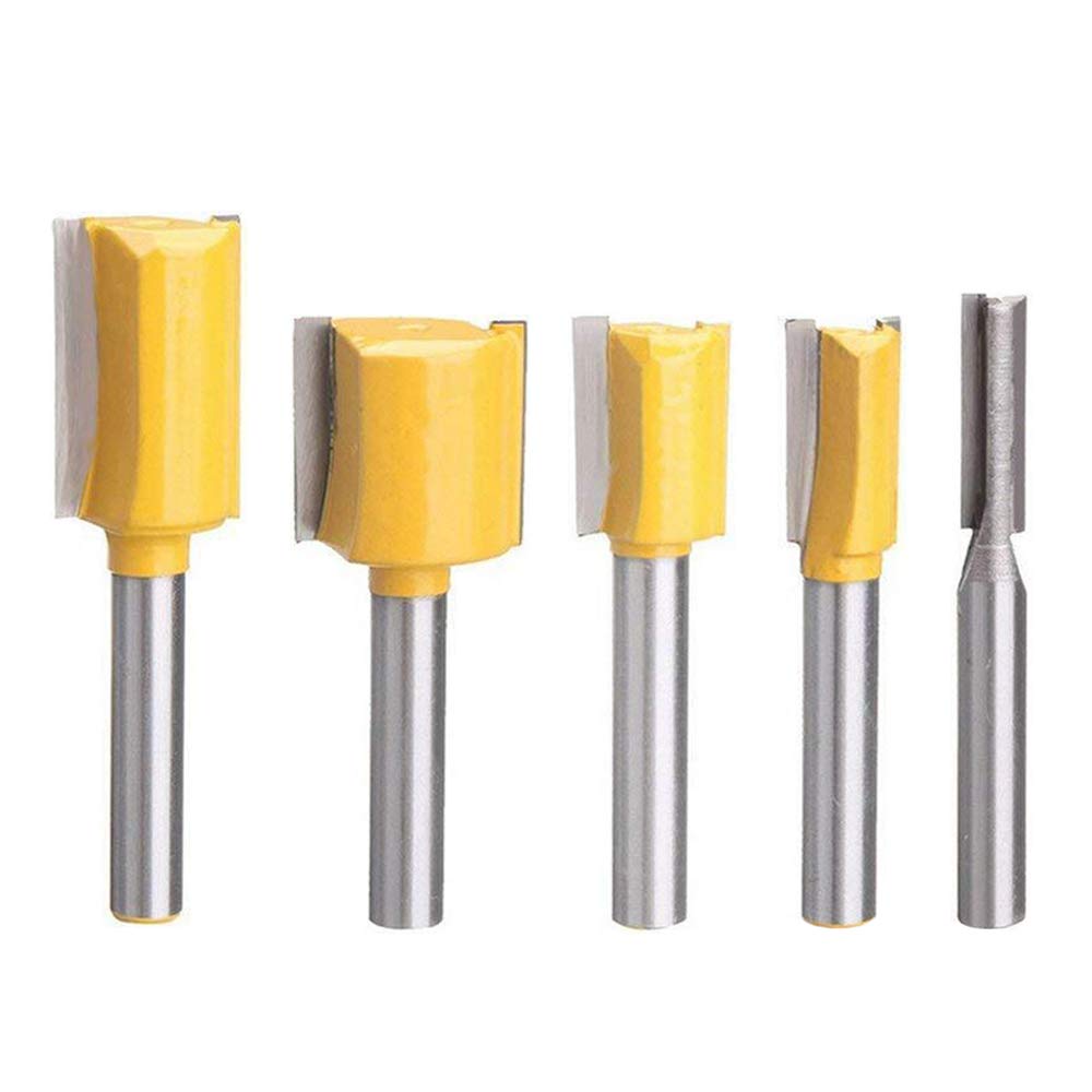 Set of 5 Piece Straight Dado Router Bit Set ,Double Flute Straight Bit Carbide Wood Milling Cutter Woodworking Tools, Cutting Diameter 1/4",3/8",1/2",5/8",3/4"(Yellow, 1/4-Inch Shank )