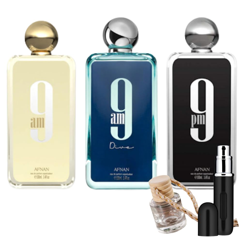 Bundle of Afnan 9AM, 9PM, and 9AM Dive Perfumes with 5ml Portable Refillable Atomizer and Refillable Car Freshener in a Satin Gift Bag