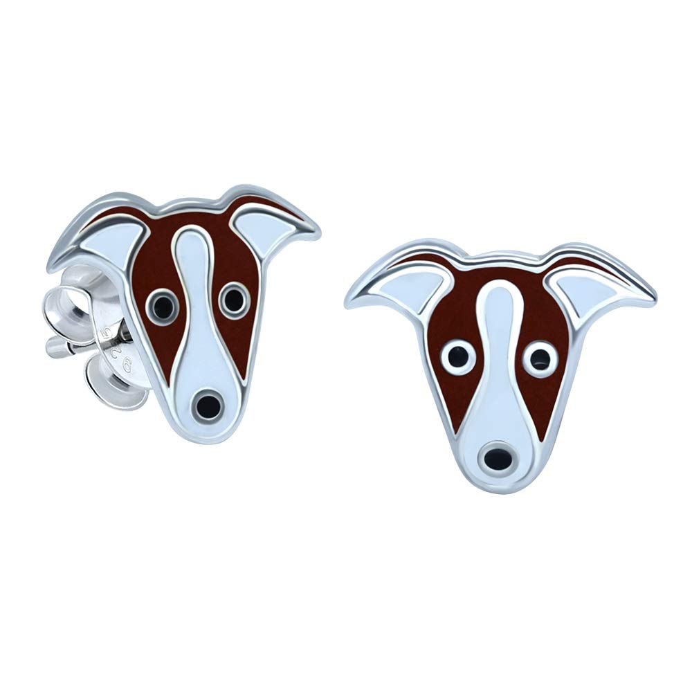 Sterling Silver Dark Brown & White Italian Greyhound/Whippet Dog Earrings Gift