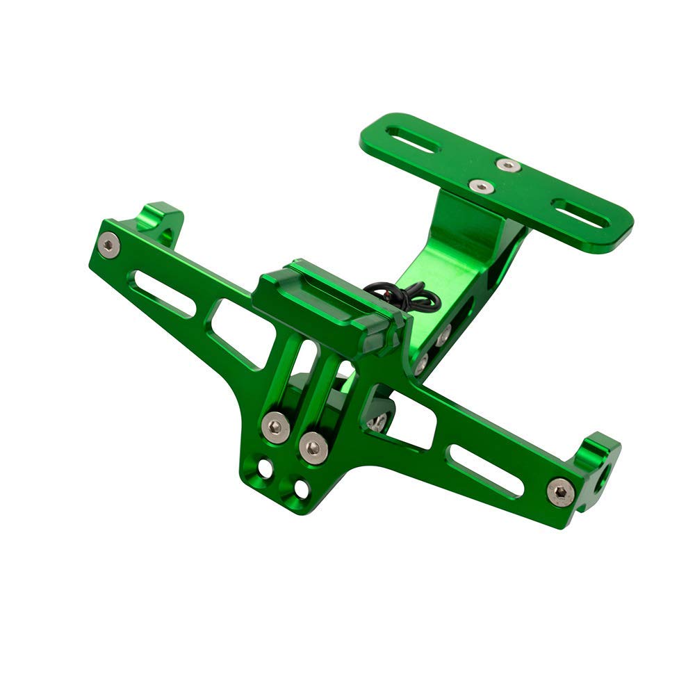 TESWNE Universal Motorcycle LED Light Rear License Plate Holder Adjustable Fender Eliminator Bracket for Kawasaki for Ducati (Green)