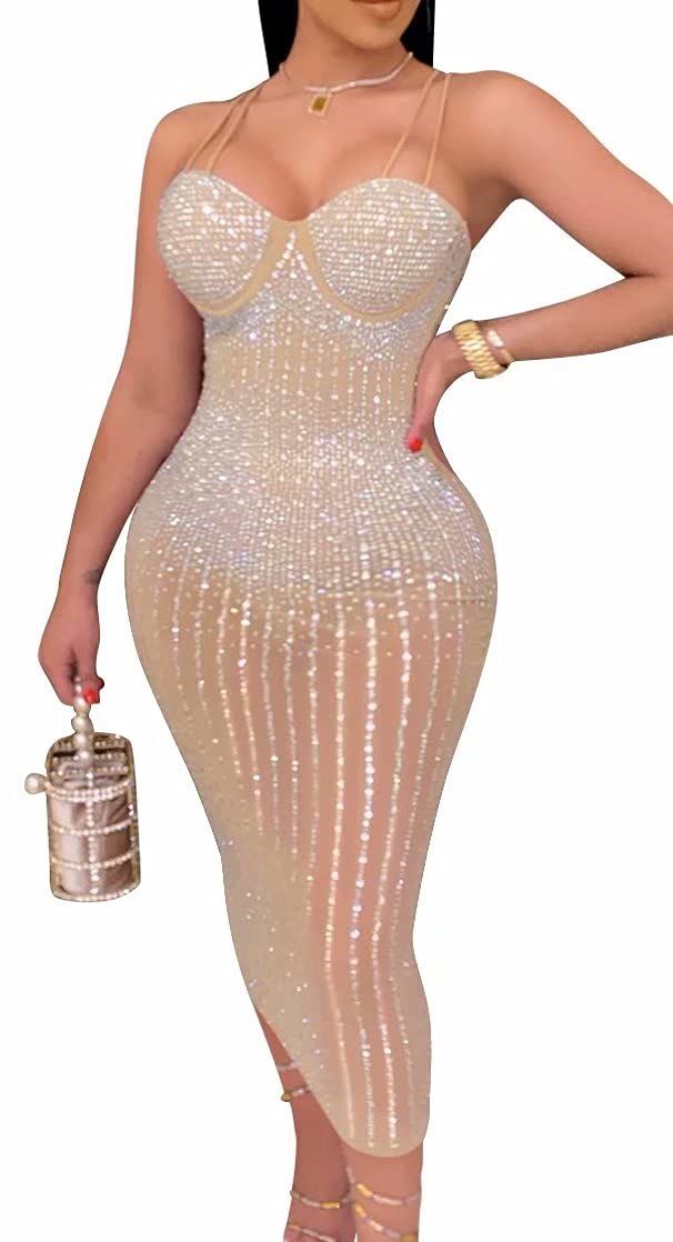 Womens Sexy Spaghetti Strap Sleeveless Rhinestone Bodycon Mesh Midi Dress Club Outfits