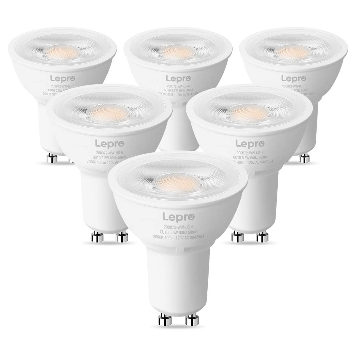 Lepro GU10 LED Bulb Dimmable, 50W Halogen Equivalent Light Bulbs, 5.5W 3000K Soft Warm Light Replacement for Recessed Track Lighting,40°Spotlight for Kitchen Range Hood Living Room & Bedroom, 6 Pack