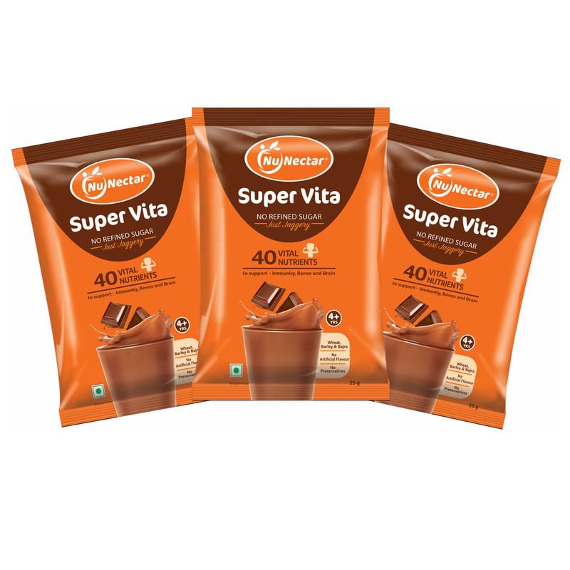 NuNectar Super Vita | Junk Free Nutrition Drink for Kids, 10 Sachets (25g each), No Sugar, 40 Nutrients, Swiss Chocolate flavour, 250g