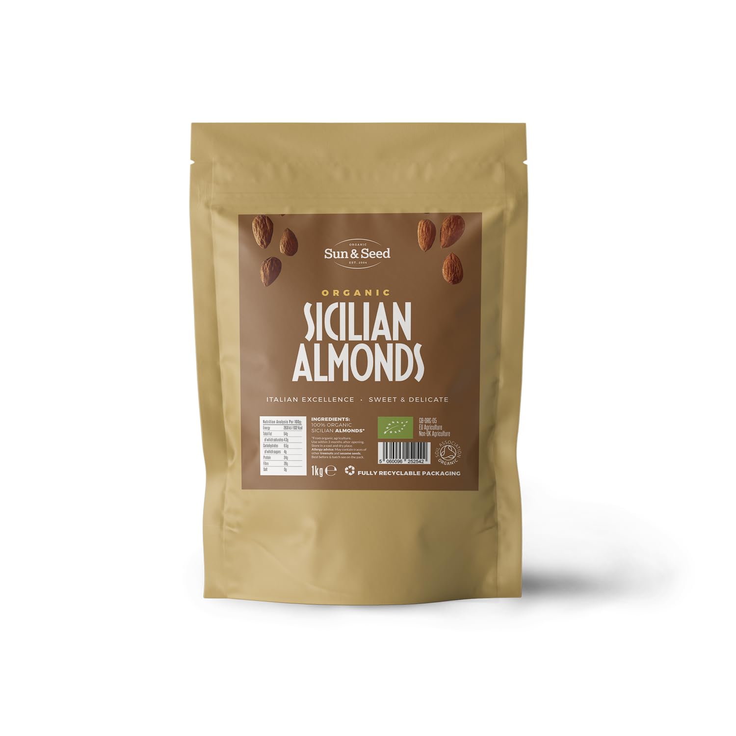 Organic Natural Sicilian Almonds 1kg by Sun & Seed - Gluten Free, Keto & Vegan Friendly - High in Protein & Fibre - Excellent Source of Vitamin E & Magnesium - Low GI Almonds for Snacking