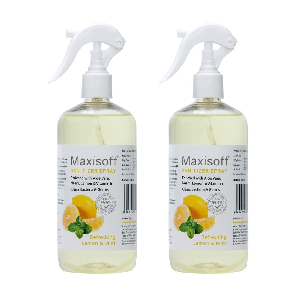 Maxisoft Hand Sanitizer Spray (500 ml)|With Aloe Vera, Lemon, Neem, Vitamin E & Glycerine|Paraben Free|Gentle on skin, tough on germs (500 ml) (Lemon & Mint, Pack of 2 (500ml X 2))