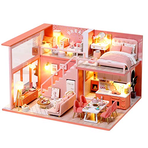 Furnished Pink Dollhouse Mini Kit, Tiny House DIY Craft 1:24 Scale with Dust Cover, Ladies and Girls Birthday Christmas Anniversary Junior