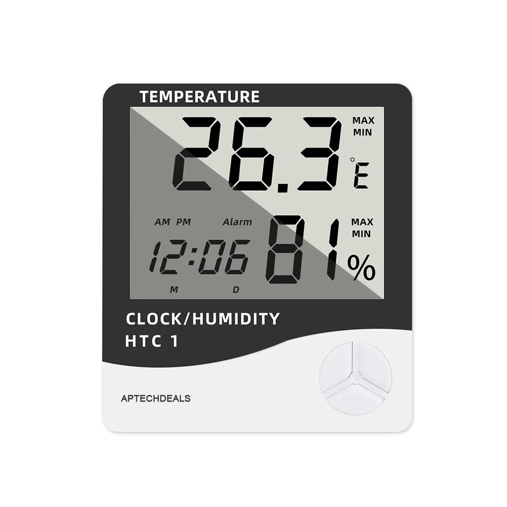 ApTechDeals HTC-1 Digital Hygrometer Thermometer Humidity Meter With Clock LCD Display