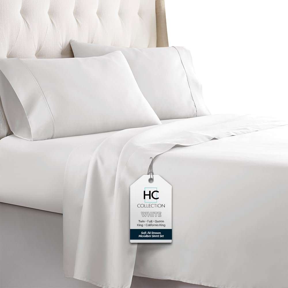 HC Collection Bed Sheets Set, HOTEL LUXURY Platinum Collection 1800 Series Bedding Set, Deep Pockets, Wrinkle & Fade Resistant, Hypoallergenic Sheet & Pillow Case Set (Queen, White)