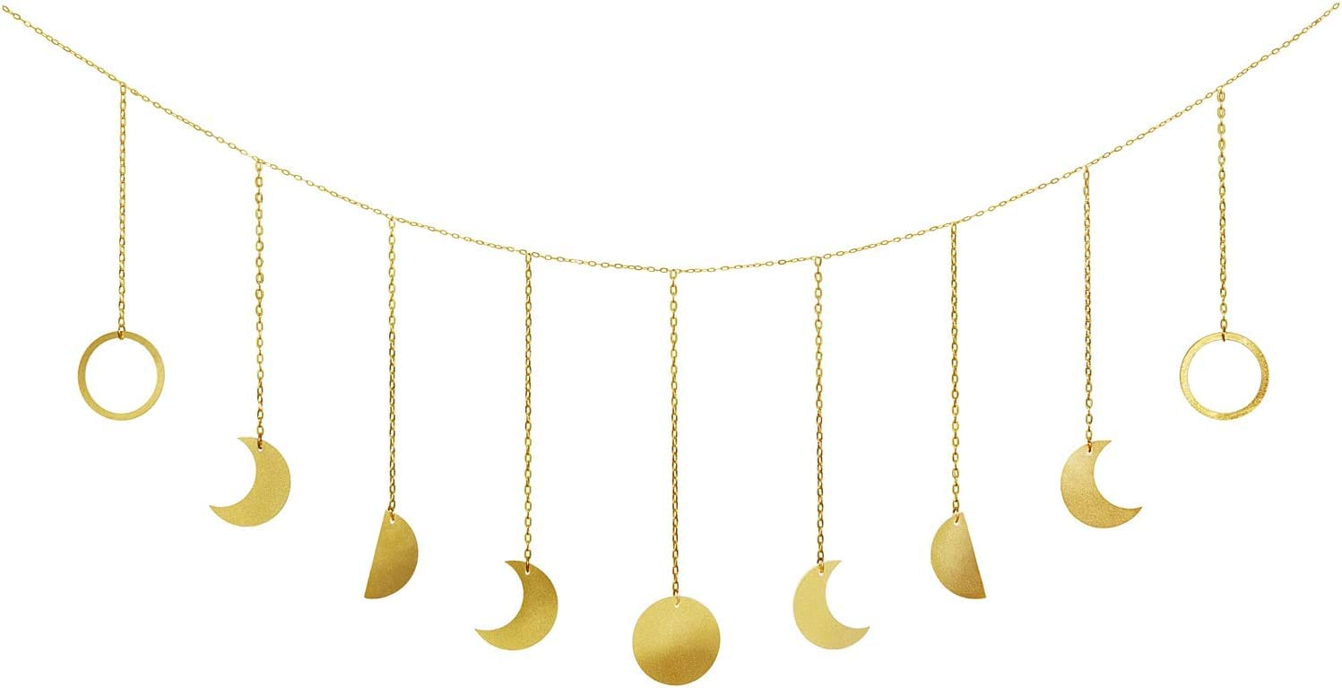 Mkono Moon Phase Wall Hanging Boho Aesthetic Room Decor Metal Moons Garland Hanging Art Bohemian Home Decoration for Girls Room Nursery Bedroom Livingroom Dorm, Ideal, Gold, 50"