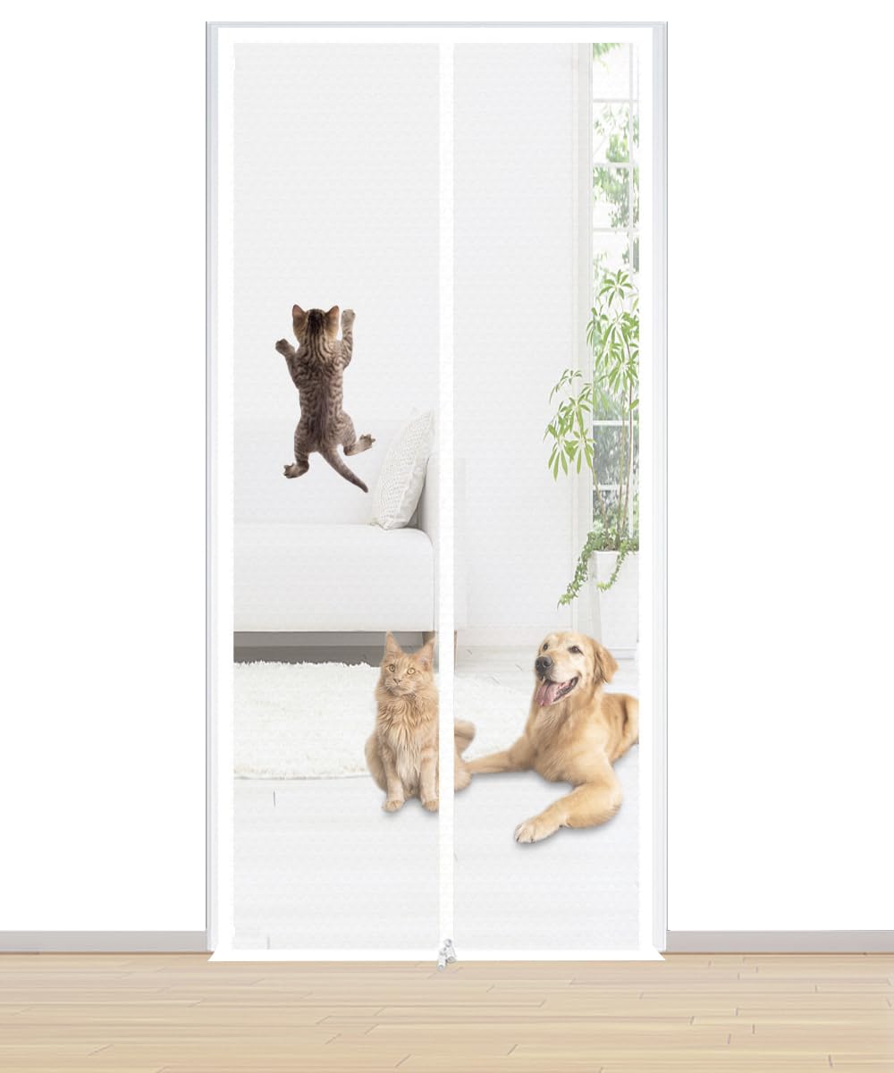 Cat Door Screen, Reinforced Door Fly Screen Curtain, Fly Insect Screen Door with Zipper, Prevent Pets from Running Out, Cat Resistant Mesh Screen for Living Room, Bedroom, Patio (White, 90x210CM)