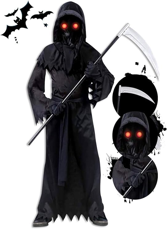 RicjurzztyKids Grim Reaper Halloween Costume with Glowing Red Eyes for Kids, Scythe Included