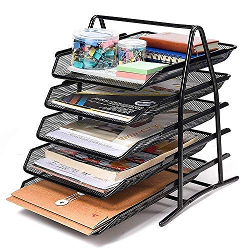 SOLDTRUE 5 Tier Mesh Metal Desk Organiser File Rack Letter Tray A4 Papers Documents Holder Desk Organizer for Office