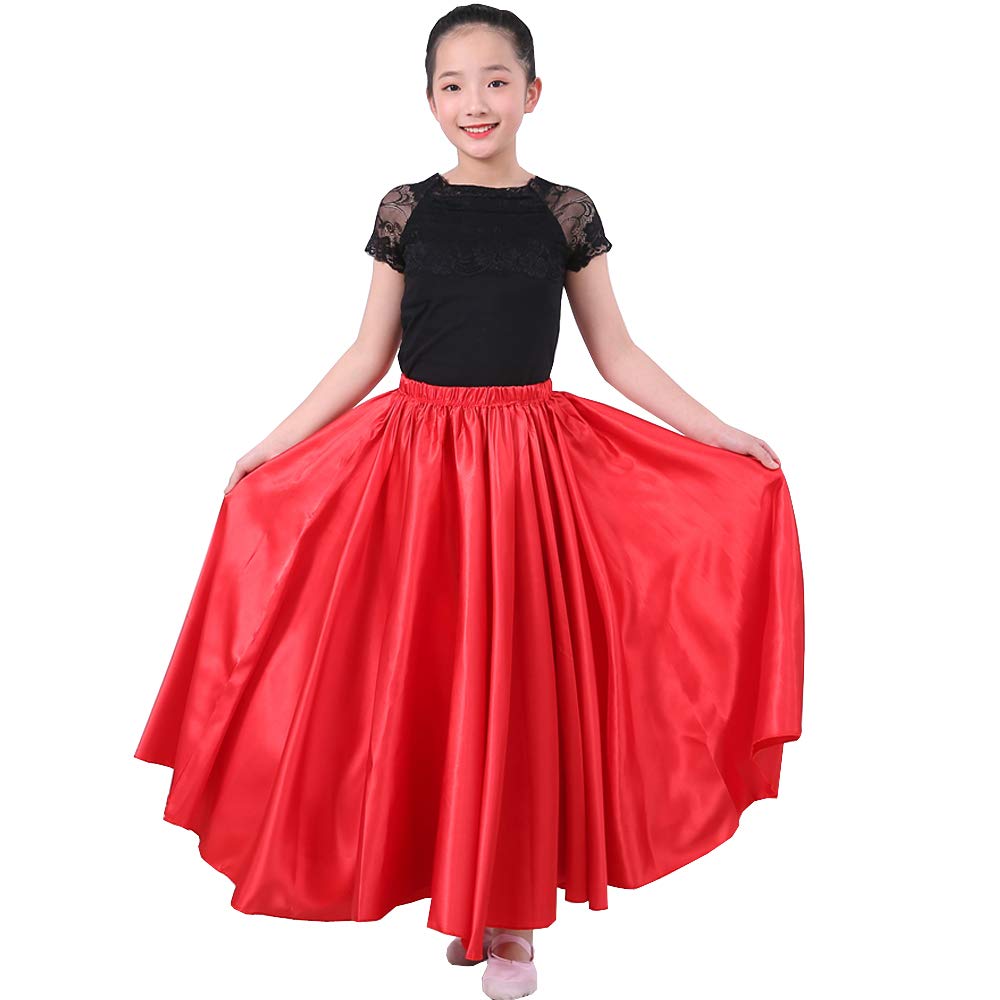 SANCANLong Full Ankle Length Satin Flowy Folkloric Latin Belly Dance Umbrella Skirt for Girls 8-12 Years