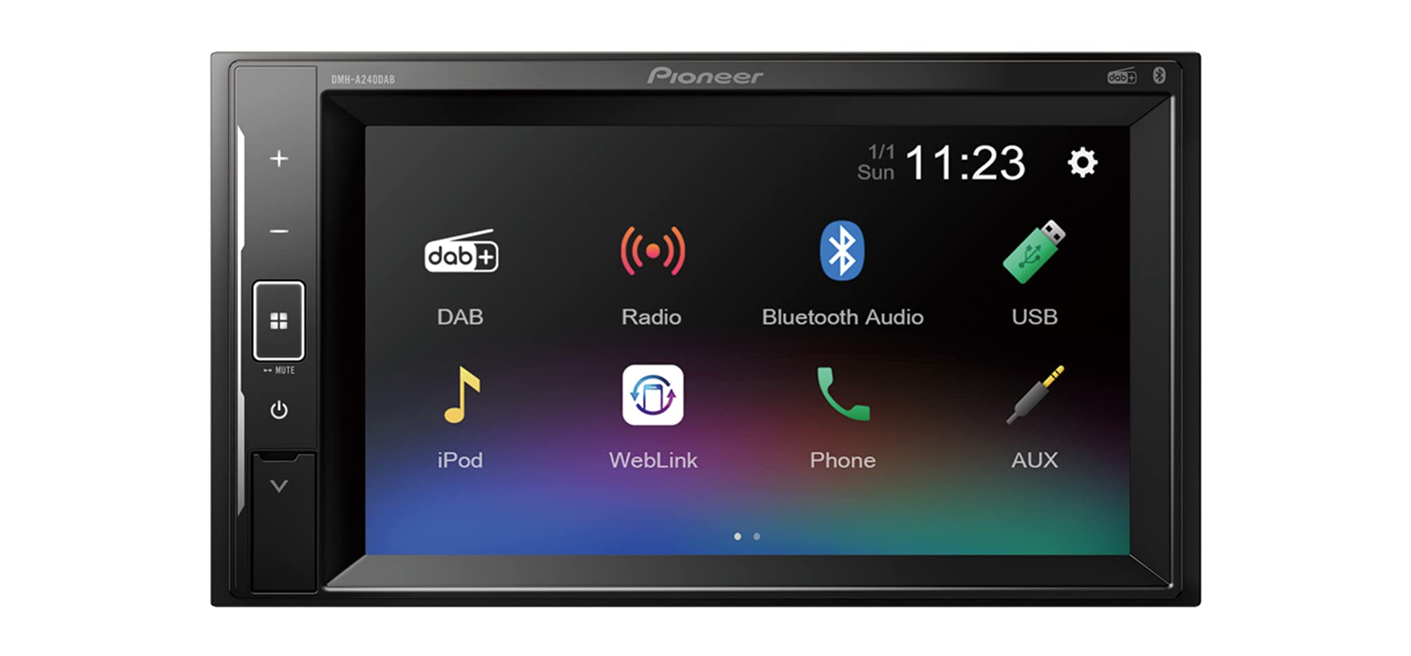 Pioneer DMH-A240DAB Mechafree 6.2” touchscreen multimedia player with Smartphone Mirroring. Bluetooth, DAB/ DAB+ Digital Radio, 13-band GEQ, Black