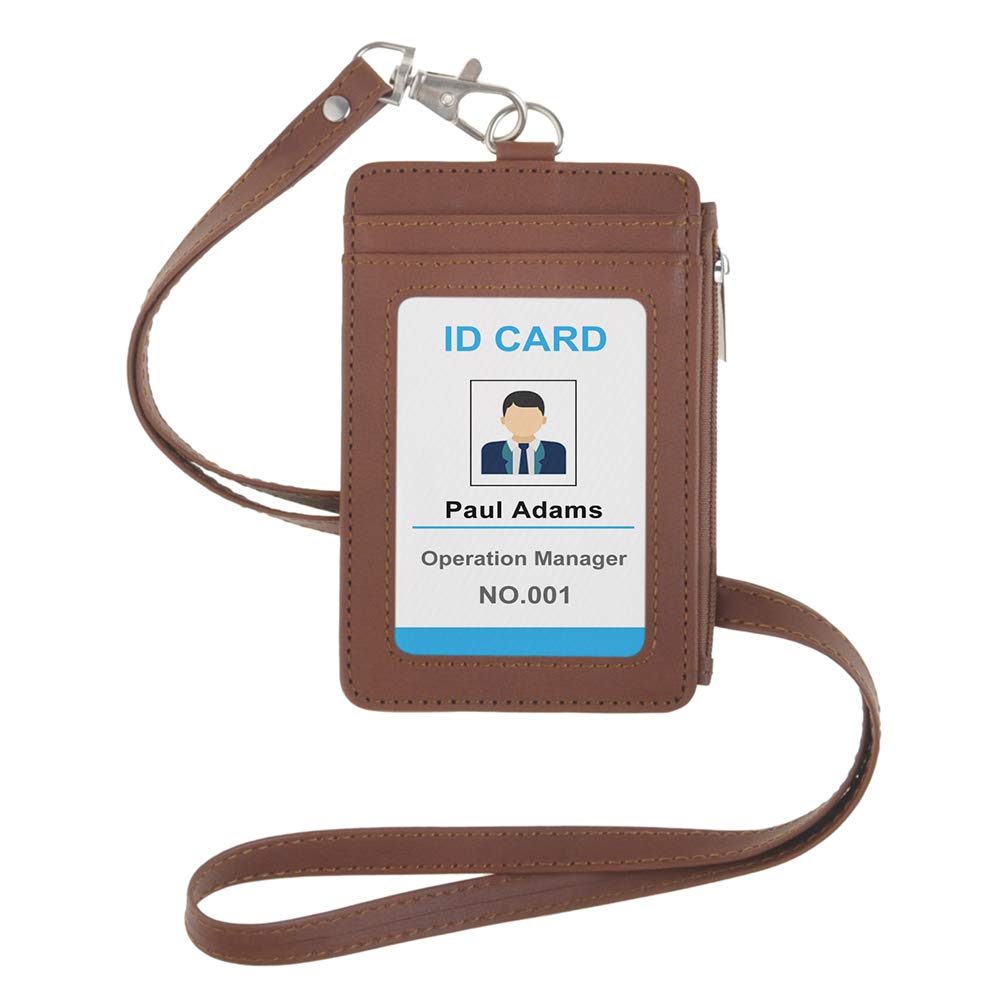 GOGOPU Leather Credit Card ID Badge Holder with Side Zipper Pocket and Detachable Neck Lanyard-Brown