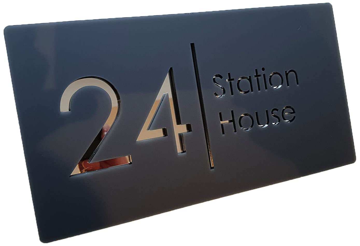 K Smart Sign | Bellissima H2 | Laser Cut Matt Dark Gray Anthracite & Silver Mirror Floating House Sign | 300mm x 160mm