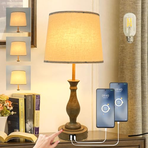 Farmhouse Table Lamp Touch Control 3-Way Dimmable Table Lamp, Modern Nightstand Lamp with 2 USB Port Bedside Desk Lamp with Fabric Shade for Living Room Bedroom Hotel (Pack-01A)