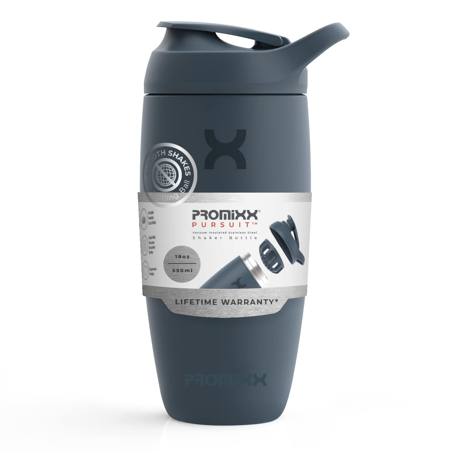 PromixxPursuit Shaker Bottle Insulated Stainless Steel Water Bottle and Blender Cup, 550ml, Midnight Blue