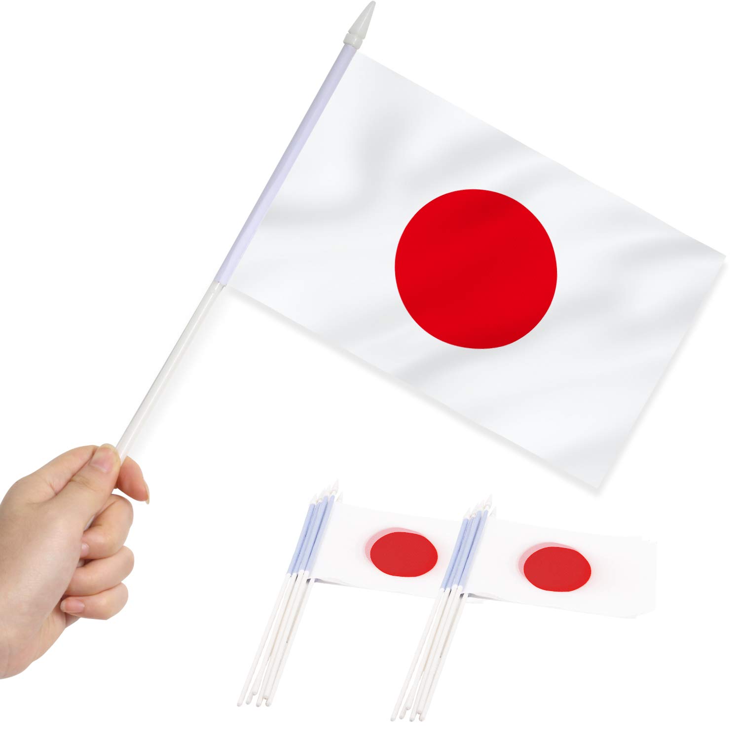 Anley Japan Mini Flag 12 Pack - Hand Held Small Miniature Janpanese Flags on Stick - Fade Resistant & Vivid Colors - 5x8 Inch with Solid Pole & Spear Top