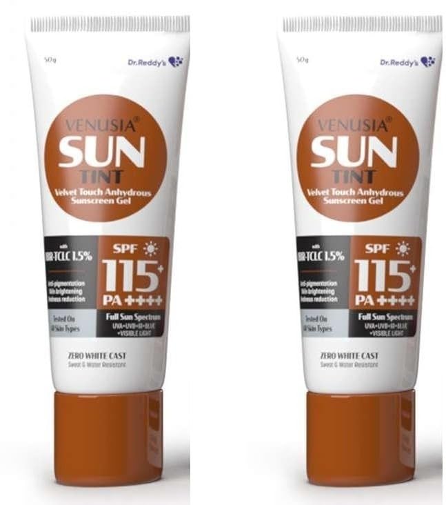 Venusia Tinted sunscreen SPF 115 PA++++ Full spectrum protection |UVA, UVB, Blue light protect |with Anti-oxidant|all skin types I 50 g x Pack of 2