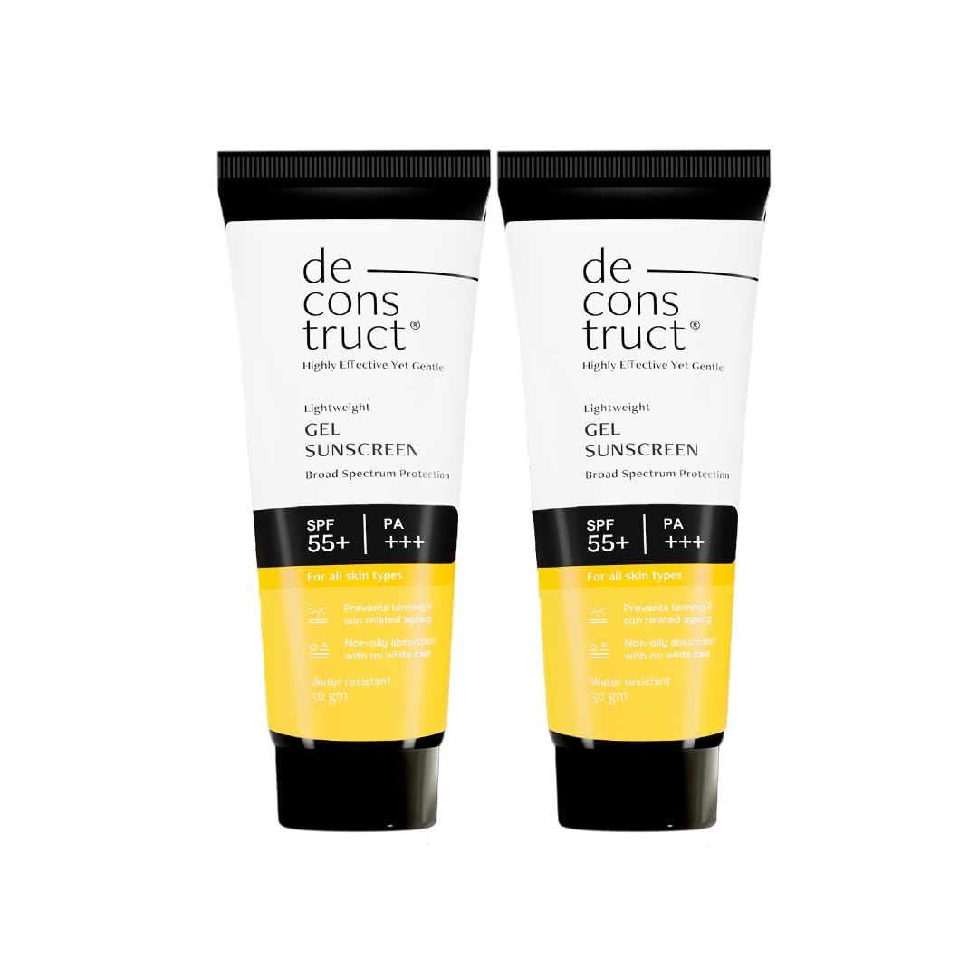 Deconstruct Face Gel Sunscreen SPF 55+ and PA+++ | Gel based sunscreen for oily, combination, acne prone & normal skin| Broad spectrum sunscreen, No White Cast, Lightweight - 50g each, pack of 2