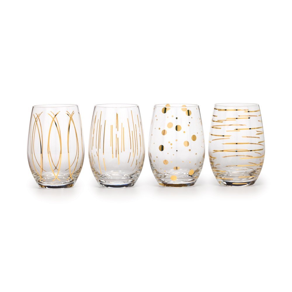 Mikasa Cheers Etched Crystal Stemless Wine Glasses, 470 ml - Gold Effect (Set of 4)