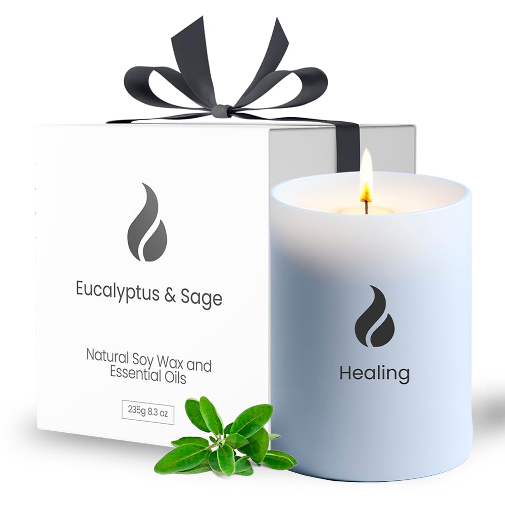 Healing Scented Candles, Soy Candles Sage & Eucalyptus | Non Toxic Candles with Essential Oil | 50 H Long Burning, Aromatherapy Candles for Home Scented, Massage -Candle Jar with Lid -8.3oz