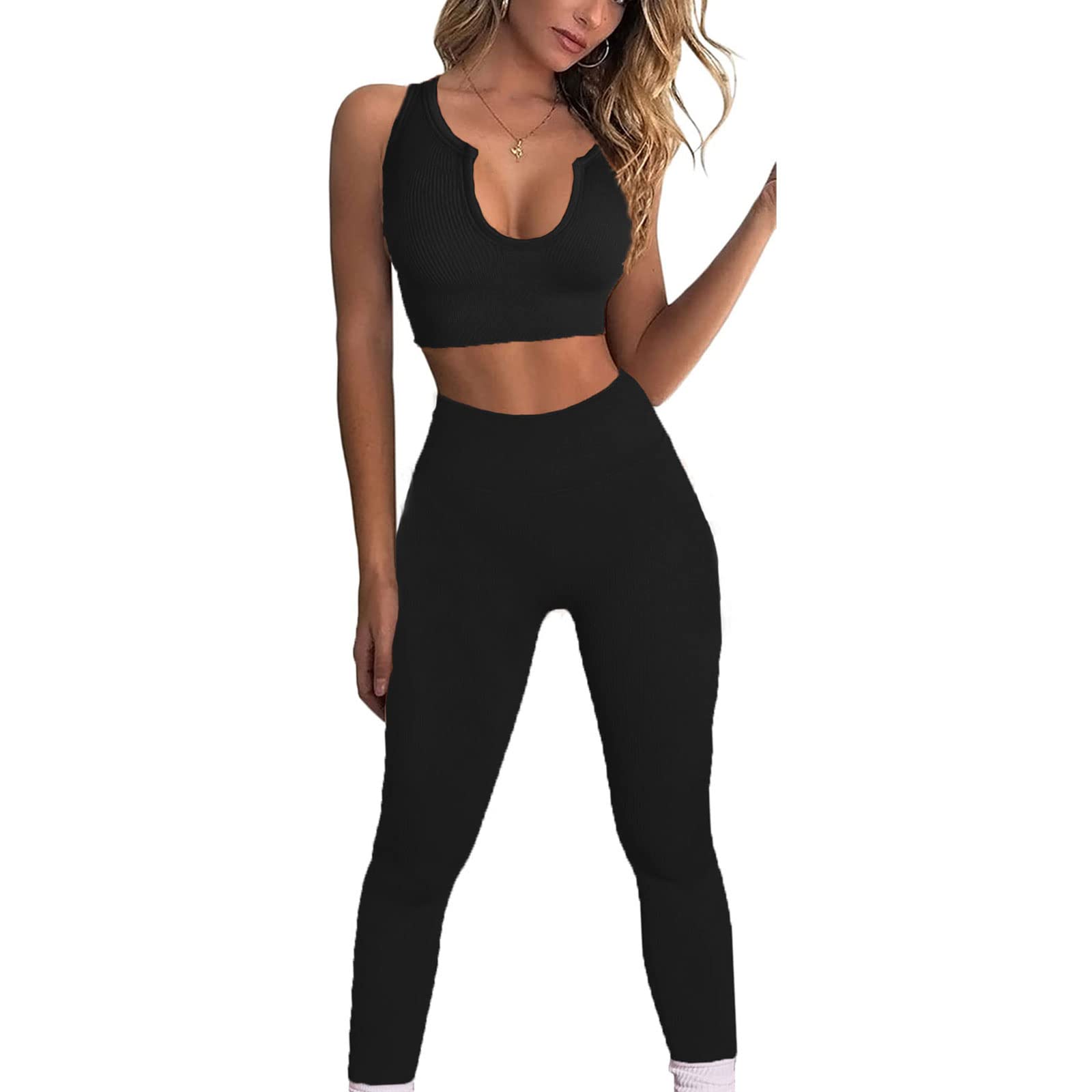 JN JANPRINTYoga Workout Sets for Women 2 Piece Gym Outfits Ribbed Seamless Crop Tank High Waist Leggings Sport Bra Jumpsuit Set