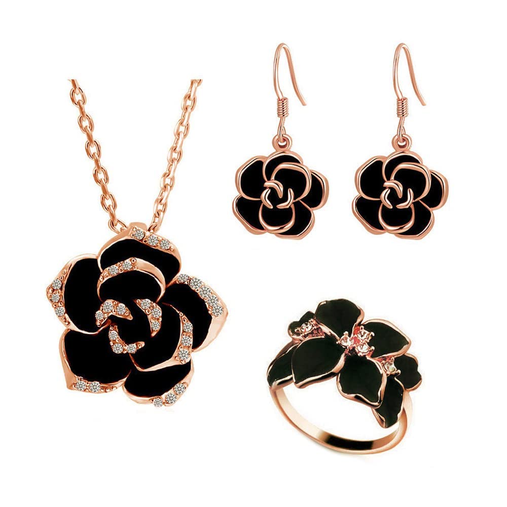 MAKINGTECRose Jewellery Sets for Women Camellia Flower Necklace and Earrings Sets Wedding Jewellery Sets for Brides Necklace Pendant Earrings Bracelet Set Costume Jewellery