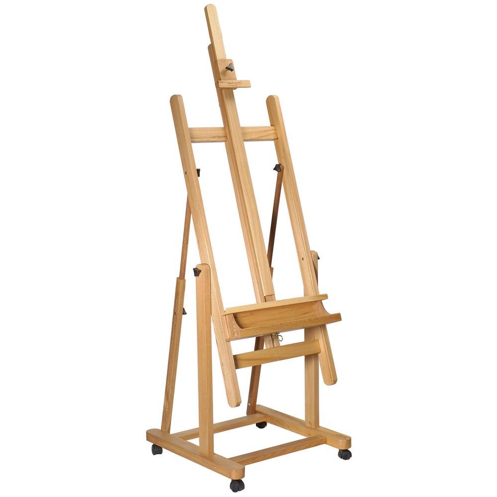 Mont Marte Tilting Studio Wooden Floor Easel. Height Adjustable Extra Large H-Frame Featuring a Large Tilt Range. Castor Wheels Allow Easy Movement and Can Be Locked into Place.