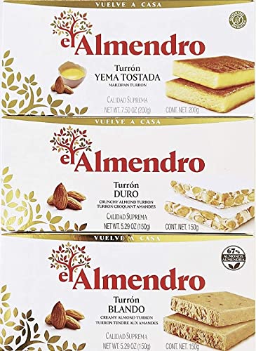 El Almendro Turron 3 Variety Pack- Toasted Egg Yolk Turron (Yema Tostada) 7.5 oz, Alicante Crunchy Turron 5.23 oz, Creamy Almond Turron Soft 5.23oz,from Spain