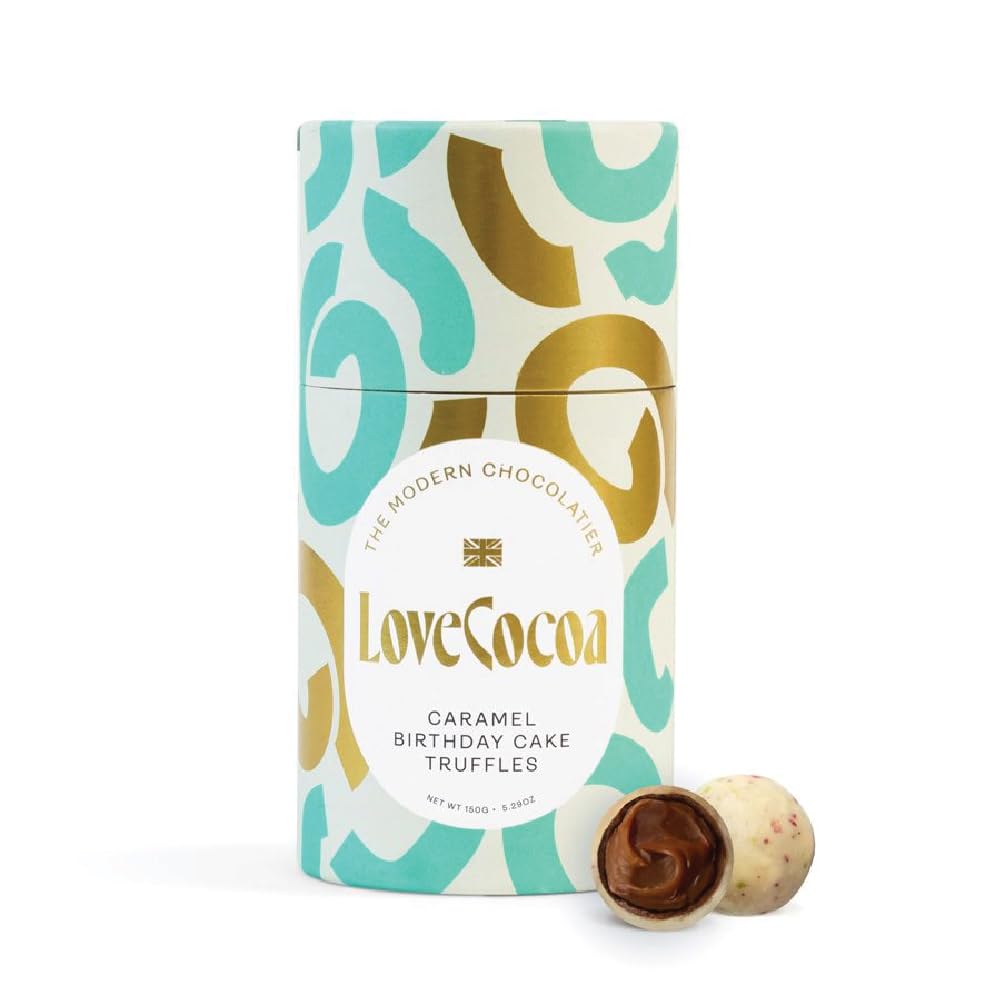 Love Cocoa Caramel Birthday Cake Chocolate Truffles in Luxury Gift Tube - White Chocolate with a Caramel Filling - Perfect For Birthdays, Christmas, Easter & Gifts - Approx 13-15 balls, 150g