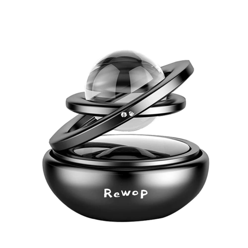 Rewop Solar Powered Metal Double Ring with Crystal Rotating Car Solar Interior Dashboard Accessories (Black)