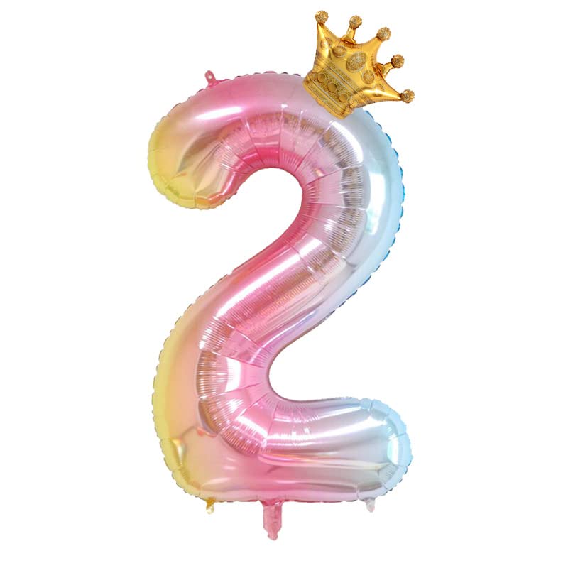 iTellker Number 2 Balloon, 40 Inch Number Balloon 2 with Crown, Big Size Gradient Foil Happy Birthday Number Balloons for 2nd Birthday Party, Anniversary Decorations Party Supplies (Number 2)